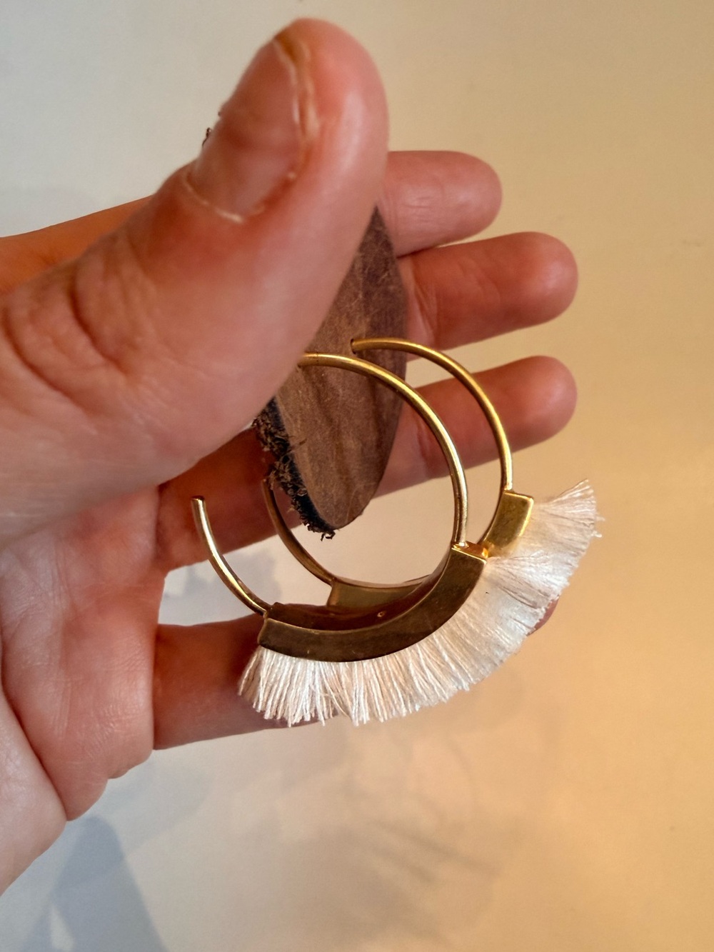 Gold Tone Hoop Earrings with Ivory Fringe Tassels Boho Statement